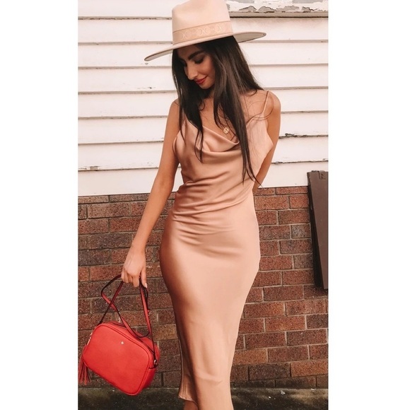 Princess Polly Satin midi dress tan NEW - Picture 1 of 5
